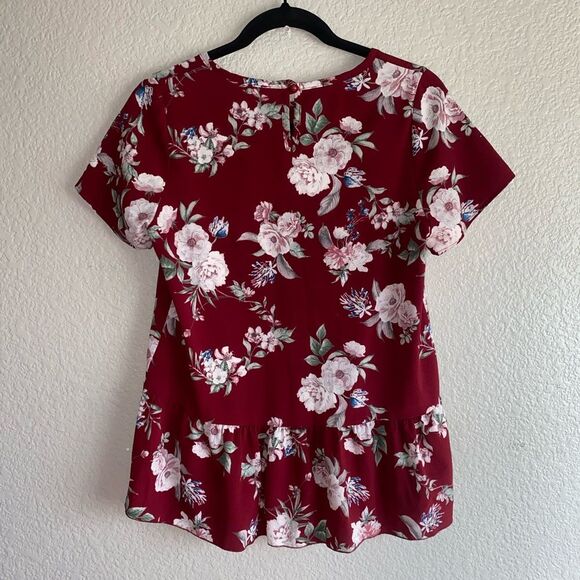 Downeast Burgundy Floral Peplum Top – Size S - Picture 2 of 8